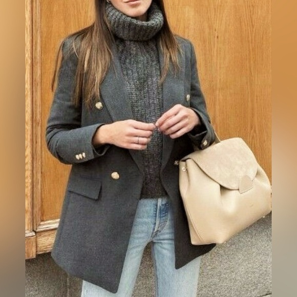 Zara Grey Gray Double Breasted Knit Wool Like Structured Military Blazer Jacket - Picture 12 of 16